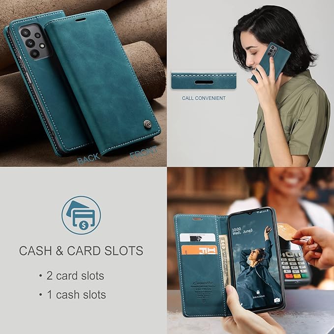 for Samsung Galaxy A23 5G/4G Case, Flip Wallet Leather Case with Card Holder Magnetic Closure Shockproof Kickstand Protective Phone Cases Cover for Samsung A23,Blue-Green