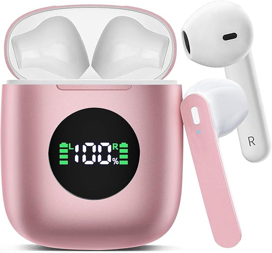 Wireless Earbuds, Bluetooth Headphones Stereo Ear Buds with Noise Cancelling Mic, 50H Playback with LED Display Charging Case, IP7 Waterproof in-Ear Earphones for Phone Laptop Sports, Pink