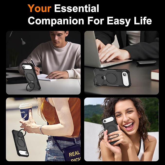 Compatible with iPhone 17 Air Case with Invisible Magnetic Ring Stand [Compatible with Magnetic] [Military Drop Protection] Shockproof Slim Hard Back Soft Edge Case 6.6 Inch, Black