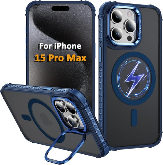 Magnetic for iPhone 15 Pro Max Case Blue with MagSafe Wireless Charging Heavy Duty Military-Grade Shockproof Protection Adjustable Kickstand Slim Matte Anti-Fingerprint Cover Men Women