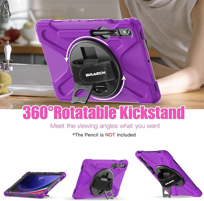 BRAECNstock for Samsung Galaxy Tab S10 Lite/ S10 FE/ S9 FE/ S9/ S8/ S7 5G Case 10.9"/11", Shockproof Protective Kids Case with Pencil Holder, Rotating Hand Strap & Stand, Shoulder Strap, Purple