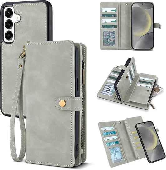 TwoHead for Samsung Galaxy S24 Wallet Case with Card Holder,Detachable Magnetic Phone Case for Galaxy S24,PU Leather Shockproof Protective Phone Cover Wallet with Wrist Strap(6.1 in,Gray)
