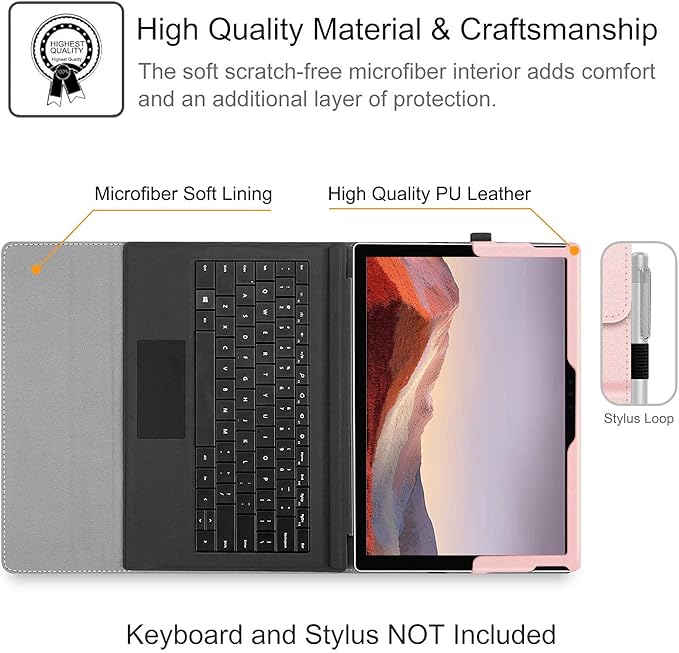 Fintie Case for 12.3 Inch Microsoft Surface Pro 7 Plus, Surface Pro 7/6/5/4/3 - Portfolio Business Cover with Pocket, Compatible with Type Cover Keyboard, Rose Gold