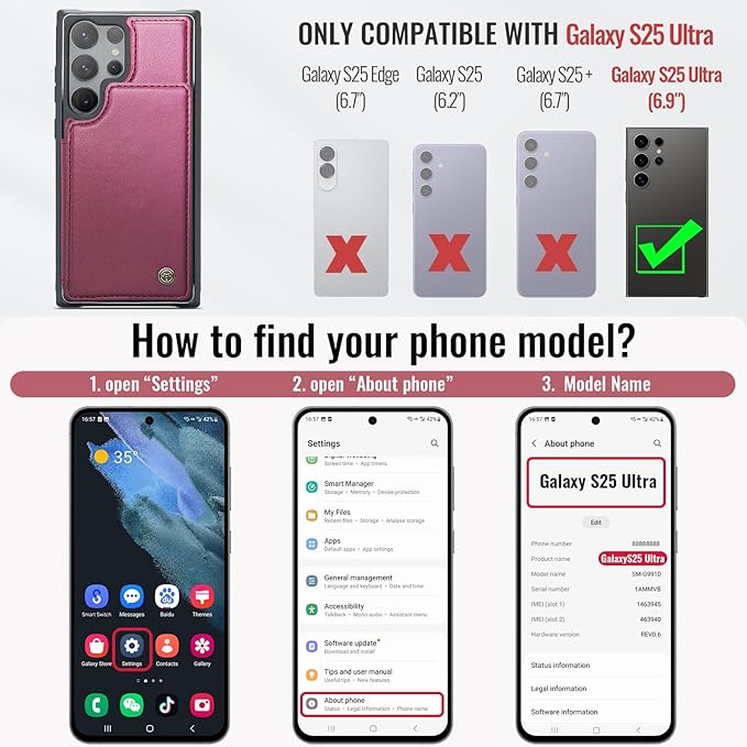 Vinich for Samsung Galaxy S25 Ultra Wallet Case with Card Holder, RFID Blocking Credit Slots Kickstand Shockproof Phone Cover for Women Men, Wine Red