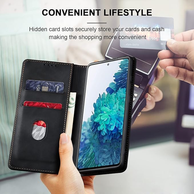 Jasonyu Flip Wallet Case for Samsung Galaxy S20 FE 5G,Leather Magnetic Folio Cover with Card Holder,Kickstand - TPU Shockproof Durable Protective Phone Case,Black