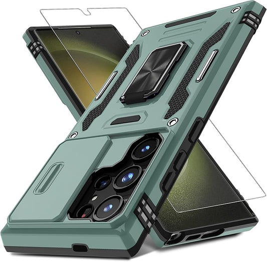 DEERLAMN Case for Samsung Galaxy S25 Ultra with Slide Camera Cover+Screen Protector (1 Pack), Rotated Ring Kickstand Military Grade Shockproof Protective Cover-Green