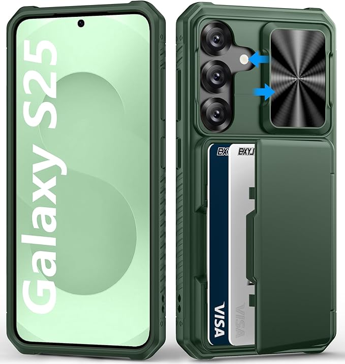Multifuncional Case for Samsung Galaxy S25, Card Holder (4-5 Cards), RFID Block, Slide Lens Cover, Military Grade Drop Protection, Heavy Duty Men Women Wallet Phone Case for Samsung S25, Green