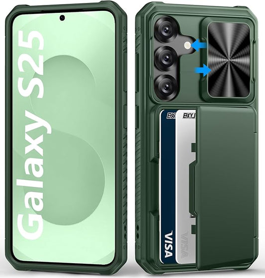 Multifuncional Case for Samsung Galaxy S25, Card Holder (4-5 Cards), RFID Block, Slide Lens Cover, Military Grade Drop Protection, Heavy Duty Men Women Wallet Phone Case for Samsung S25, Green