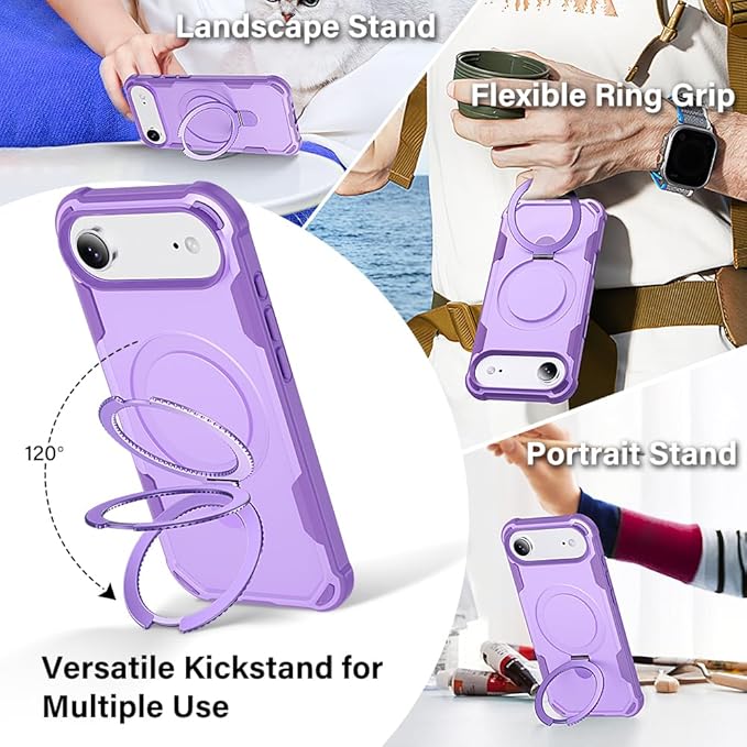 Designed for iPhone 17 Air Case with Magnetic Stand [Military Drop Protection][Compatible with Magnet] Shockproof 17 Air Phone Case with Ring Holder, Purple