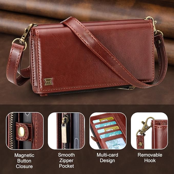 for iPhone 17 Pro Wallet Phone Case with 7 Card Holder,RFID Blocking | PU Leather | Kickstand | Flip | Wrist Strap&Shoulder Strap | Shockproof | Zipper Wallet | Women Men | 6.3" | Brown