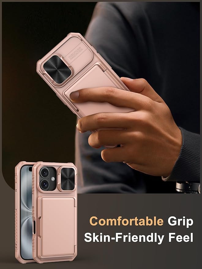 Vihibii for iPhone 16 Case Wallet with Card Holder (4 Cards) [RFID Blocking] & Slide Camera Cover, Military Grade Drop Protection, Rugged Back & Silicone Edge Phone Cover, 6.1" 2024, Rose Gold