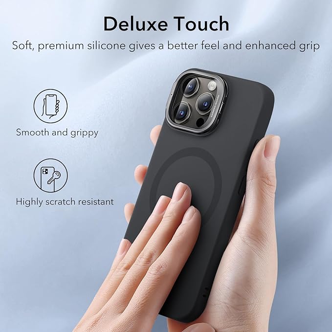 ESR for iPhone 15 Pro Max Case, MagSafe Silicone Case with Stand, Military-Grade Protection, Built-in Camera Stash Stand, Magnetic Phone Case for iPhone 15 Pro Max, Cloud Series, Black