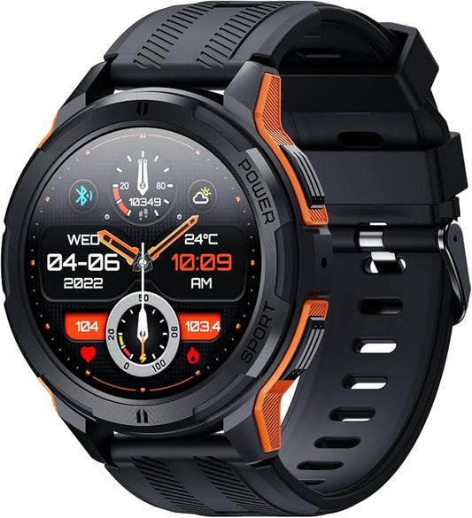 Military-Style Smartwatch for Men,5ATM Waterproof, 1.43" AMOLED HD Display, 123+ Sport Modes, 24/7 Health Monitoring, Answer/Make Calls, for iOS/Android (Orange)