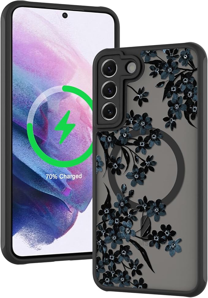 Fiyart Designed for Samsung Galaxy S21 Plus Case Matte Flowers Design Compatible with MagSafe Wireless Charging,Cute Floral Anti-Scratch Translucent Phone Cover for Women Girls 6.7"-Black