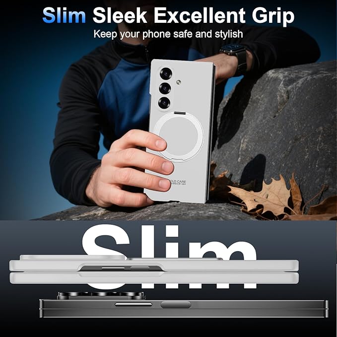 360 Spin Magnetic Stand for Samsung Galaxy Z Fold 7 Case, with Screen Protector [Compatible with MagSafe] Slim PC Hard Ring Holder Kickstand Protection Cover for Samsung Z Fold 7 Phone Case (Silver)