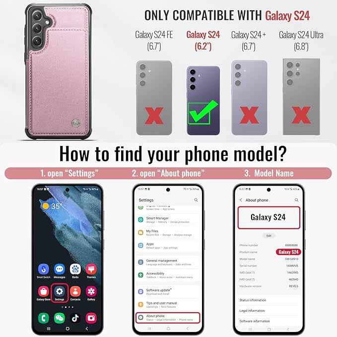 Vinich for Samsung Galaxy S24 Wallet Case with Card Holder, RFID Blocking Credit Slots Kickstand Shockproof Phone Cover for Women Men, Pink