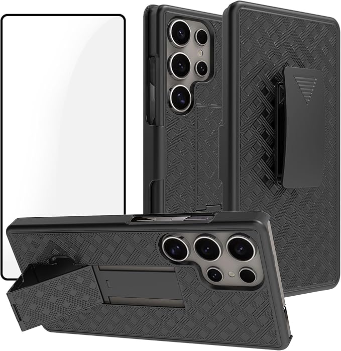 Ailiber for Samsung Galaxy S25 Ultra Case with Belt Clip, S25 Ultra Phone Case Holster with Screen Protector, Swivel Removable 2-in-1 Stand Holder, Slim Shockproof Shell Pouch Cover-Black