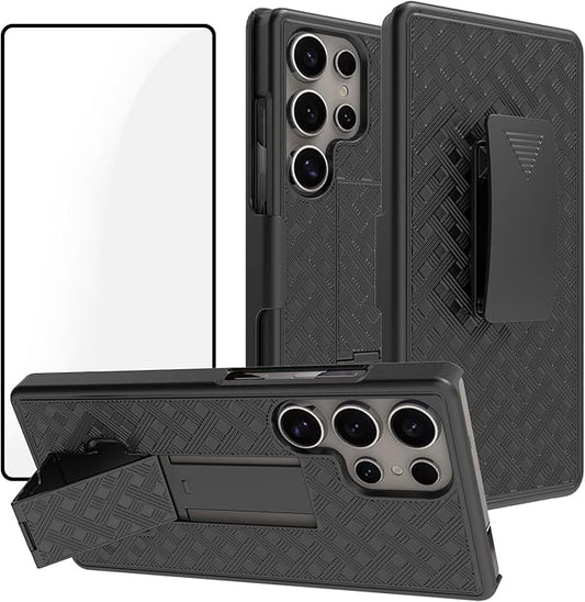 Ailiber for Samsung Galaxy S25 Ultra Case with Belt Clip, S25 Ultra Phone Case Holster with Screen Protector, Swivel Removable 2-in-1 Stand Holder, Slim Shockproof Shell Pouch Cover-Black