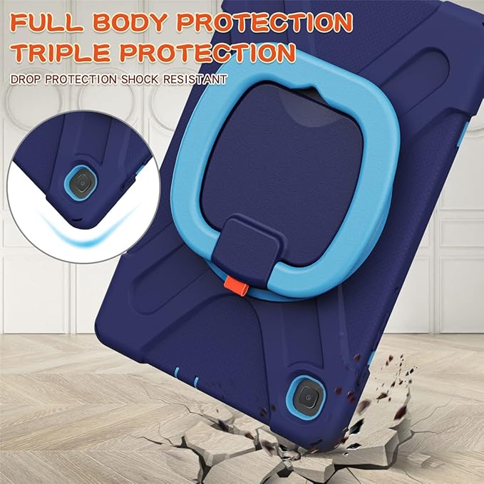 360 Rotation Case for Samsung Galaxy Tab S6 Lite 10.4" Sturdy Cover Rotate Ring Stand Shoulder Carrying Strap Hand Strap Rugged Children Adults Outdoor Case (Navy+Blue)