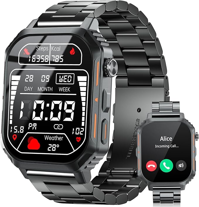 Smart Watch,2.02" Fitness Watch(Answer/Make Call),Heart Rate Sleep Blood Oxygen Monitor,5ATM Waterproof,100+ Sports Modes Activity Trackers for Compatible with Android iOS(Steel Watch Band)