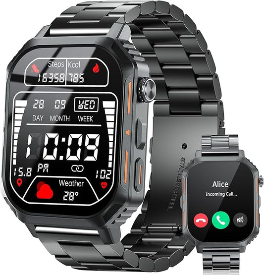 Smart Watch,2.02" Fitness Watch(Answer/Make Call),Heart Rate Sleep Blood Oxygen Monitor,5ATM Waterproof,100+ Sports Modes Activity Trackers for Compatible with Android iOS(Steel Watch Band)