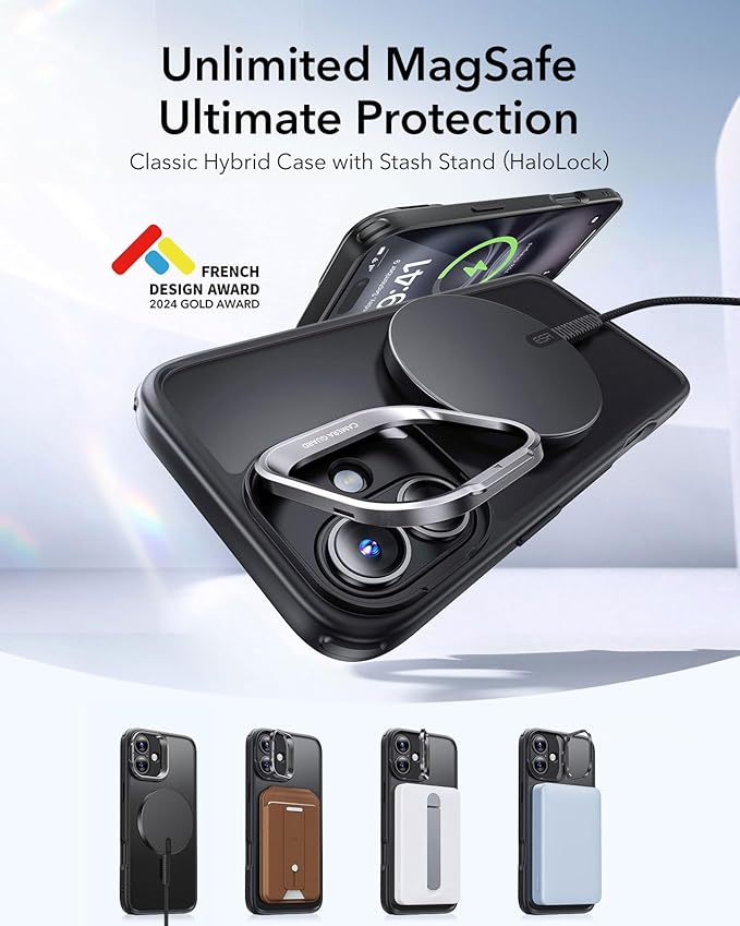 ESR for iPhone 16 Case, Compatible with MagSafe, Military-Grade Protective Case, Built-in Stash Stand Phone Case, Scratch-Resistant Back Cover, Classic Series, Frosted Black