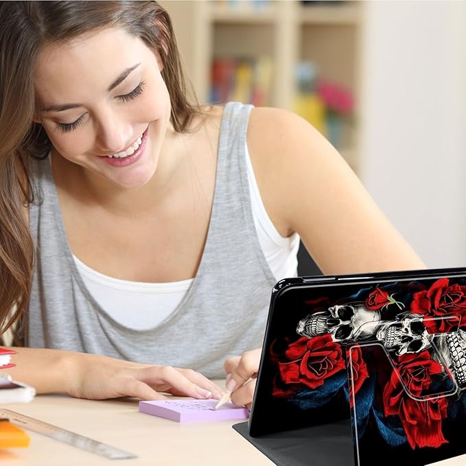 Case for Lenovo Tab P11 Plus Case 2021 (TB-J616F / J616X), 360 Degree Rotating Folding Stand,with Auto Sleep/Wake Case for Lenovo Tab P11 11” 2020 (TB-J606F TB-J606X),Floral Flower Rose Skull