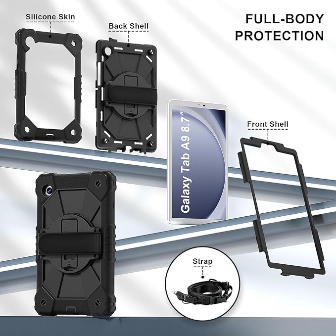for Samsung Galaxy Tab A9 Case 8.7 inch (SM-X110/X115/X117), Heavy Duty Shockproof Silicone Cover Rugged 360 Stand Hand Shoulder Strap for Galaxy A9 Tablet Black+Black
