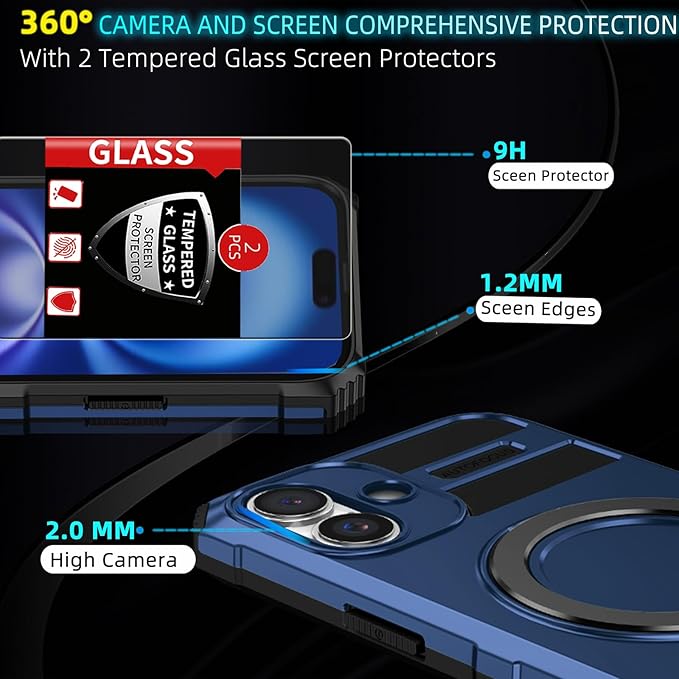 for iPhone 16 Plus Case Magnetic Compatible with MagSafe Wireless Charging,with 2 Screen Protector,with Kickstand Ring Shockproof Shock-Absorbent Heavy Duty Protection Scratch Resistant Blue