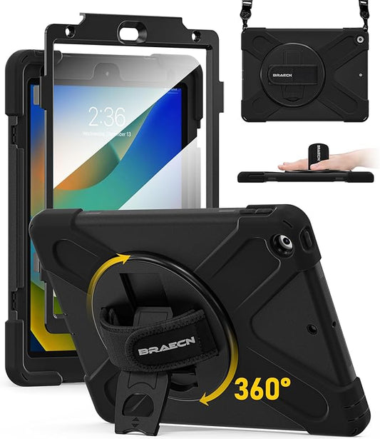 BRAECN for iPad 9th Generation Case, iPad 10.2 Case with Built in Screen Protector, Hand Strap, Swiveling Stand, Shoulder Straps, Heavy Duty Rugged Case for iPad 8th/7th Gen 10.2 Inch-Black
