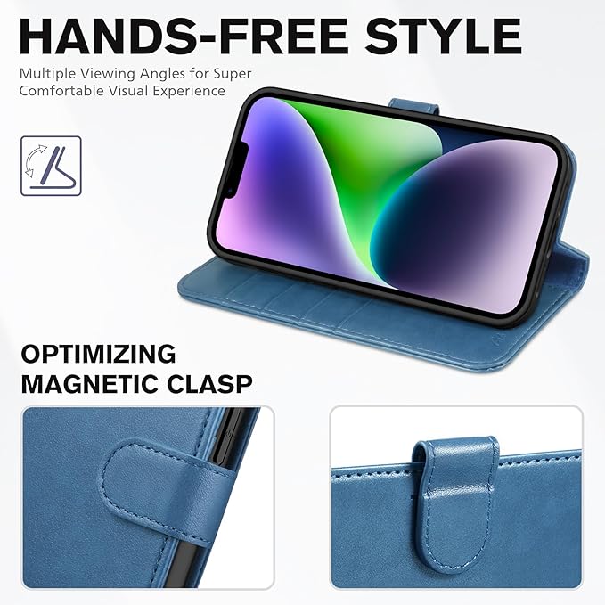 TUCCH Wallet Case for iPhone 14 6.1", Magnetic PU Leather Stand Flip Cover with 4 Card Slots [TPU Shockproof Interior Shell], [RFID Blocking] Folio Case Compatible with iPhone 14 6.1-inch, Lake Blue