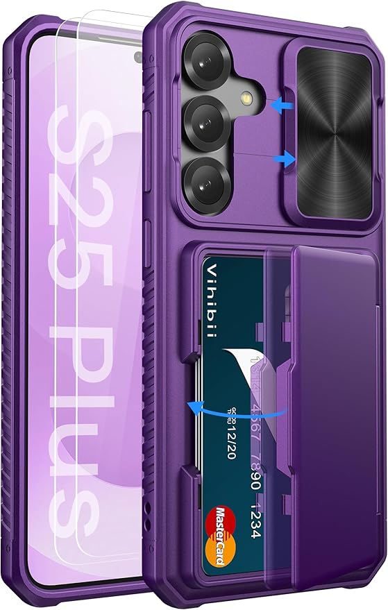 Vihibii for Samsung Galaxy S25 Plus Case with Card Holder (4 Cards), Built-in 2X Tempered Glass Screen Protector & Slide Camera Cover, Rugged & Shockproof Phone Case for Galaxy S25 Plus, Dark Purple