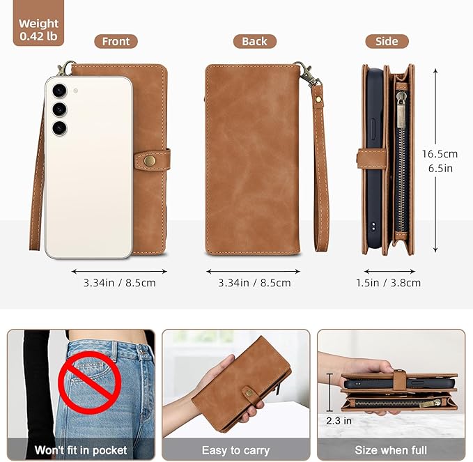 TwoHead for Samsung Galaxy S23 Plus Wallet Case with Card Holder,Detachable Magnetic Phone Case for Galaxy S23 Plus,PU Leather All-Round Protective Phone Cover Wallet with Strap(6.6 in, Brown)