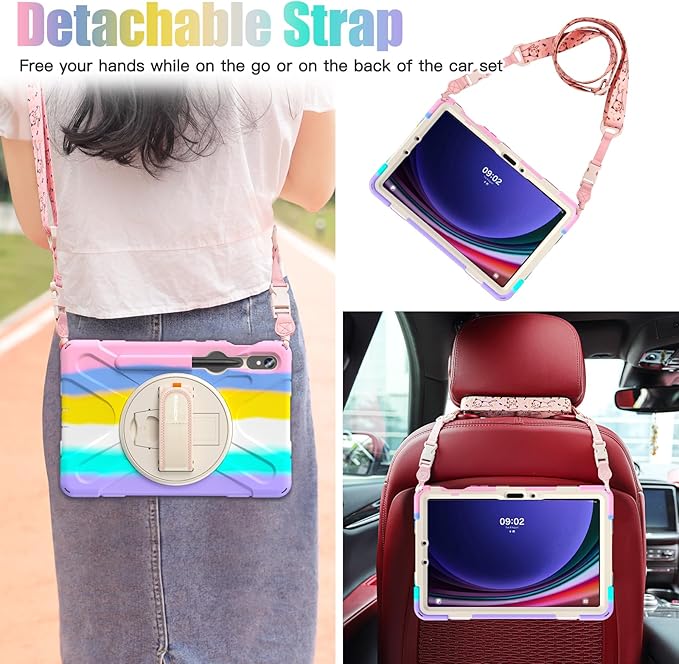 BRAECNstock Kids Case for Samsung Galaxy Tab S10 Lite/ S10 FE/ S9 FE/ S9/ S8/ S7 5G 10.9"/ 11", Shockproof Protective Case with Pen Holder, Rotating Hand Strap & Stand, Shoulder Strap, Colorful Pink