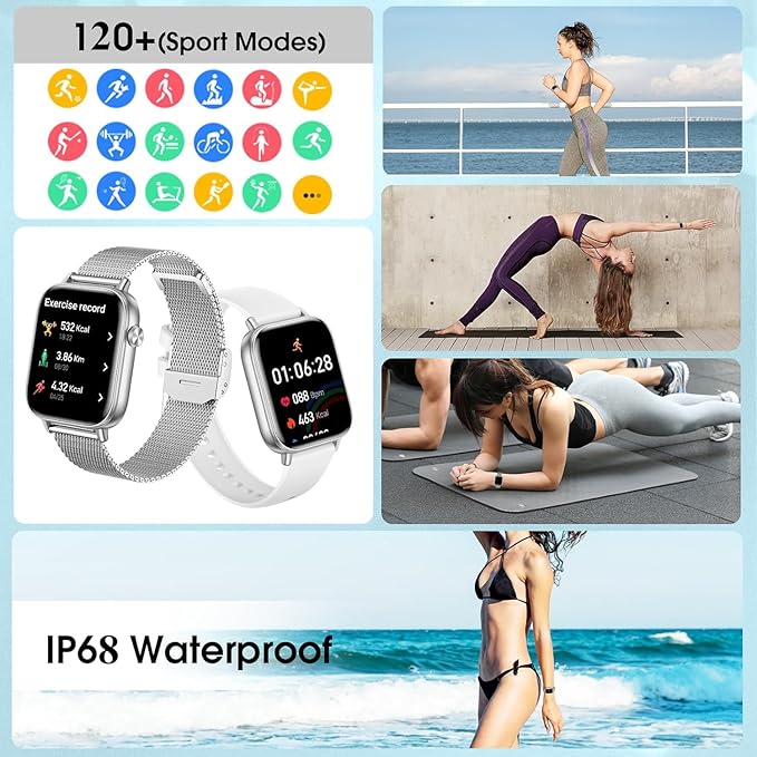 Smart Watch for Women Men (Answer/Make Calls) 1.83" HD Smartwatch Compatible Android iOS Phones with Fitness Running /Step Counter/Heart Rate/Sleep, 120+ Sports Modes IP68 Waterproof, Silver/3 Bands