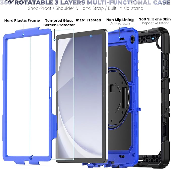 BLOSOMEET Blue Case for Samsung Galaxy Tablet A9 Plus 11 Inch 2023 with Tempered Glass Screen Protector, Pencil Holder, Kickstand, Hand Strap,Shoulder Strap