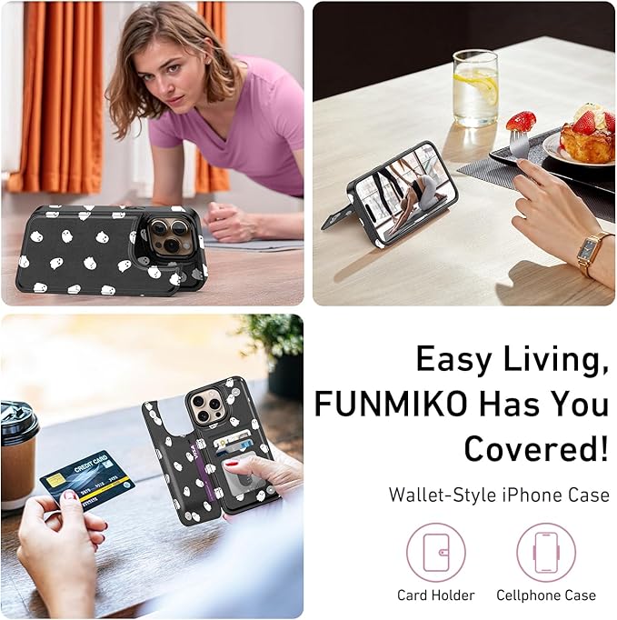 FUNMIKO for iPhone 16 Pro Max Wallet Case with Card Holder, RFID-Blocking, Military-Grade Protection & UV-Printed Artwork, Magnetic Closure with Leather Kickstand - Cute Ghost