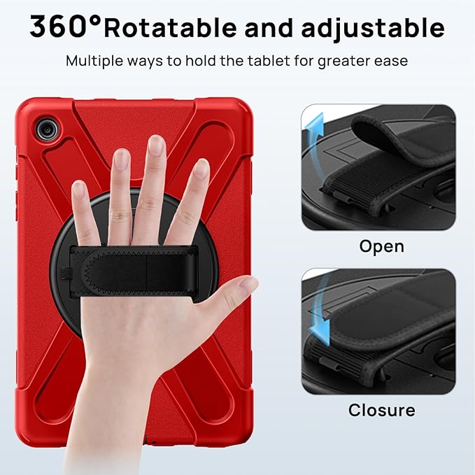 Gerutek Case for Samsung Galaxy Tab A9+/ A9 Plus Case 11" 2023, Full-Body Drop Protection Shockproof Cover with Screen Protector, 360° Rotating Stand, Hand/Shoulder Strap, Pencil Holder, Red