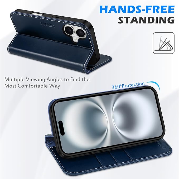 SHIELDON Wallet Case for iPhone 16 5G 2024, Genuine Leather Folio Book Magnetic Closure RFID Blocking Card Slots Kickstand Full Protection Case Compatible with iPhone 16 6.1" - Retro Dark Blue