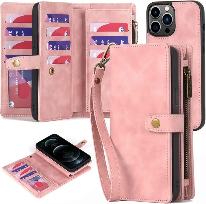 TwoHead for iPhone 12 Pro Max Wallet Case with Card Holder & Detachable Magnetic Phone Case, PU Leather Shockproof Protective Case Wallet for Women/Men,Phone Case Wallet with Wrist Strap(Pink)