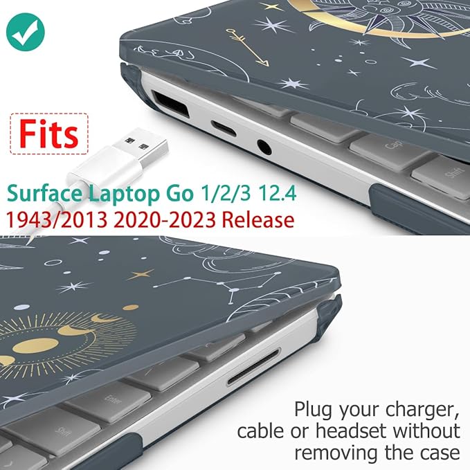 Tuiklol Case for 12.4 Inch Microsoft Surface Laptop Go 3/2 / 1 2023-2020 Releases, Plastic Hard Shell Case with Screen Protector and Keyborad Cover +Dust Plugs Model 2013/1943,Star and Moon