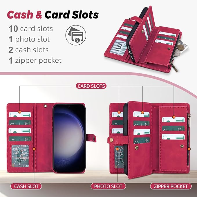 TwoHead for Samsung Galaxy S23 Wallet Case with Card Holder & Detachable Magnetic Phone Case for Galaxy S23,PU Leather Shockproof Protective Phone Cover Wallet with Wrist Strap(6.1 in,Wine Red)