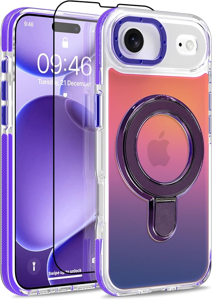 MOWIME Magnetic for iPhone Air Case with Stand [Compatible with Magsafe] [Cute Fashion Fluorescent Design] [1 Screen Protector] Slim Translucent Matte Case for iPhone Air 6.5" 2025, Purple