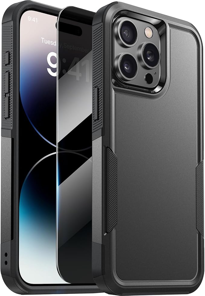 Diaclara Designed for iPhone 14 Pro Max Case, [with Privacy Screen Protector] [Anti Spy] [Military Grade Drop Protection] Heavy Duty Full-Body Shockproof Phone Case, Black