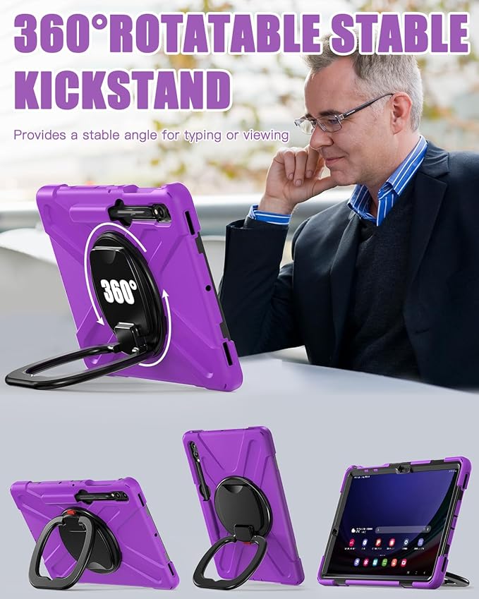 BRAECN Case for Samsung Galaxy Tab S10+/S9 FE+/S9+/S8+/S7 FE/S7+ 12.4” SM-X820/X610/X810/X800/T730/T970, Silicone Cover w/Screen Protector/Handle Grip/Kickstand/Shoulder Strap/S Pen Holder, Purple
