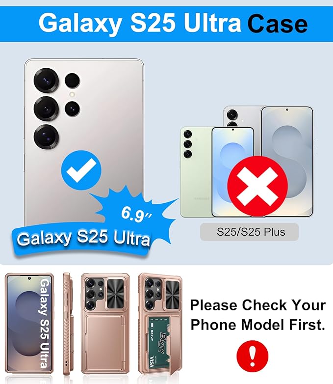 for Samsung Galaxy S25 Ultra Phone Case Wallet, Card Holder (4-5 Cards), RFID Block, Slide Camera Cover & Military Shockproof, Heavy Duty Men Women Cases for Samsung Galaxy S25 Ultra, Rose Gold