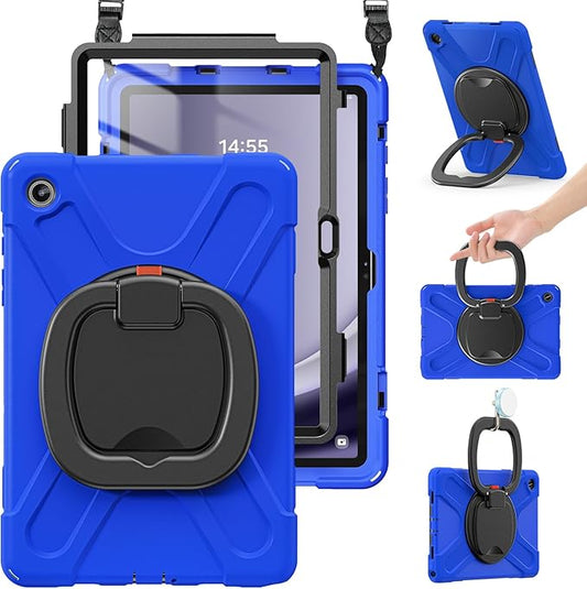 BRAECN Case for Samsung Galaxy Tab A9 Plus 11 Inch 2023 SM-X210/X216/X218, Heavy Duty Rugged Silicone Cover with Screen Protector, Handle Grip, Swivel Stand, Shoulder Strap for Samsung Tab A9+, Blue