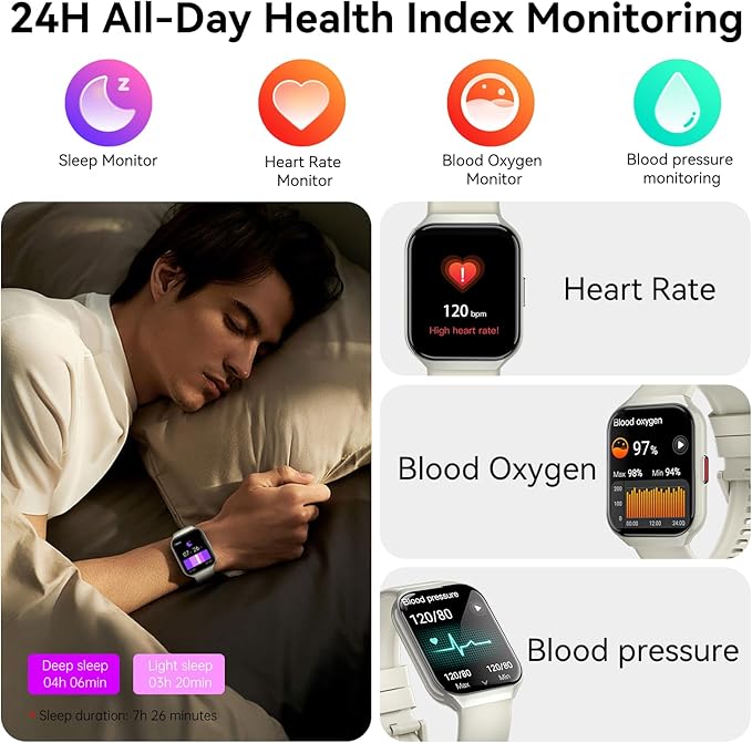 Smart Watch, 1.96" HD Smartwatches for Men Women, (Answer/Make Calls), IP68 Waterproof Fitness Watch, Heart Rate/Sleep/SpO2 Monitor, Fitness Tracker with 113+ Sport Modes, for iOS/Android (White)