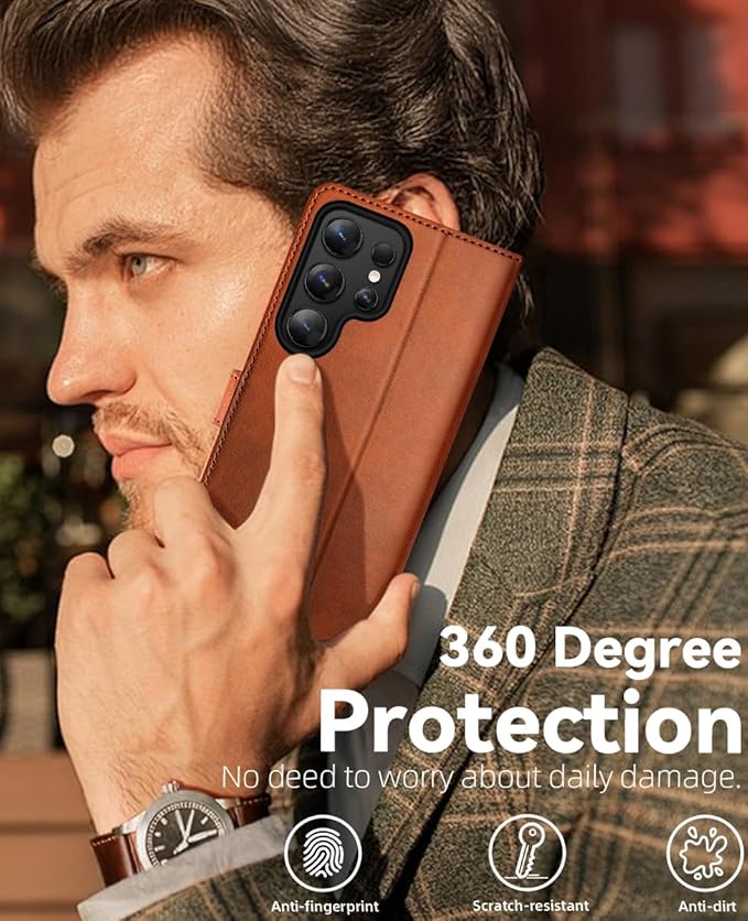 OCASE Compatible with Galaxy S25 Ultra Wallet Case, PU Leather Flip Folio Case with Card Holders RFID Blocking Kickstand [Shockproof TPU Inner Shell] Protective Phone Cover 2025, Brown