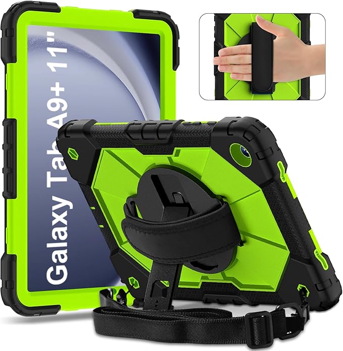 Case for Samsung Galaxy Tab A9+ 11 Inch 2023 (X210/X216/X218), Heavy Duty Shockproof Rugged 360 Rotating Hand Strap Protective Case for Galaxy Tab A9 Plus Tablet,Black+Olivine